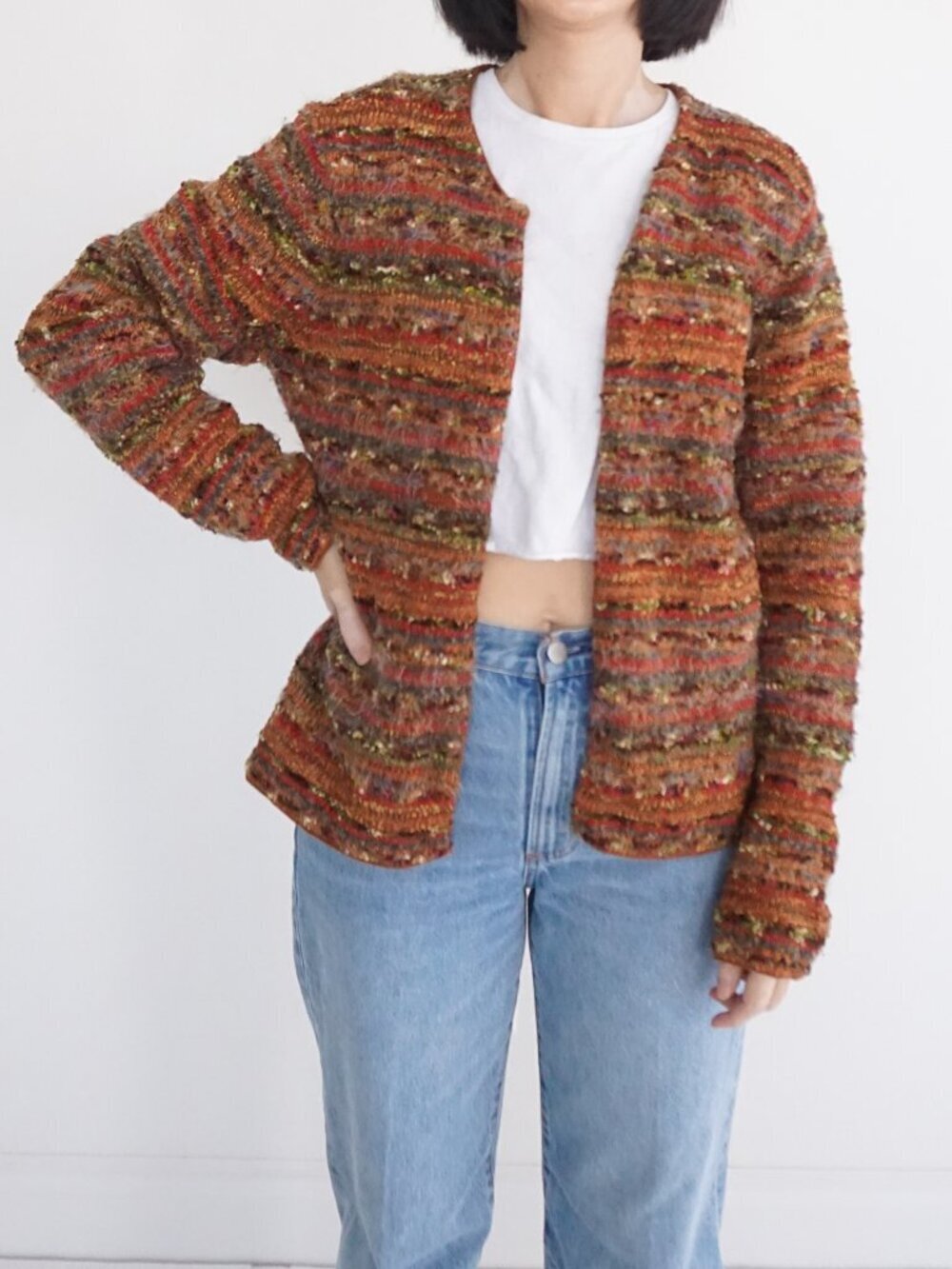 Talbots Multicolor Space Dye Open Front Knit Cardigan Textured Stripe L